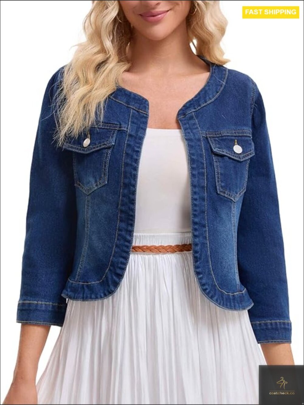 Collarless Denim Jacket Cardigan 3/4 Sleeve Button Front Casual Chic Jean Coat - Picture 1 of 6
